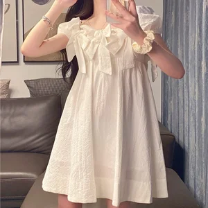 Summer Elegant Kawaii Dress Women Korean Vintage Designer Bow White Sweet Dress Female Chic Casual A-line Party Beach Dress 2021