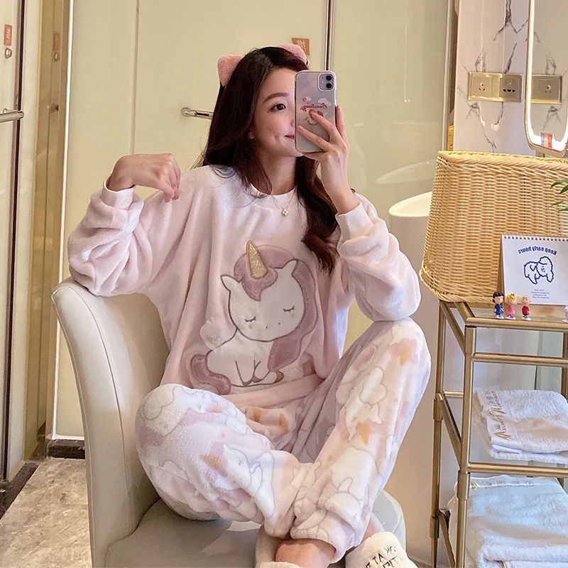 QWEEK Pajama Set Women Flannel Pijamas Winter Home Clothes Unicorn Loungewear Sleepwear Knitting Pyjamas Comfortable Warm Sweet