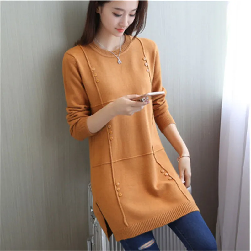 Осенние повседневные вязаные свитеры женские пуловер средней длины Дамская