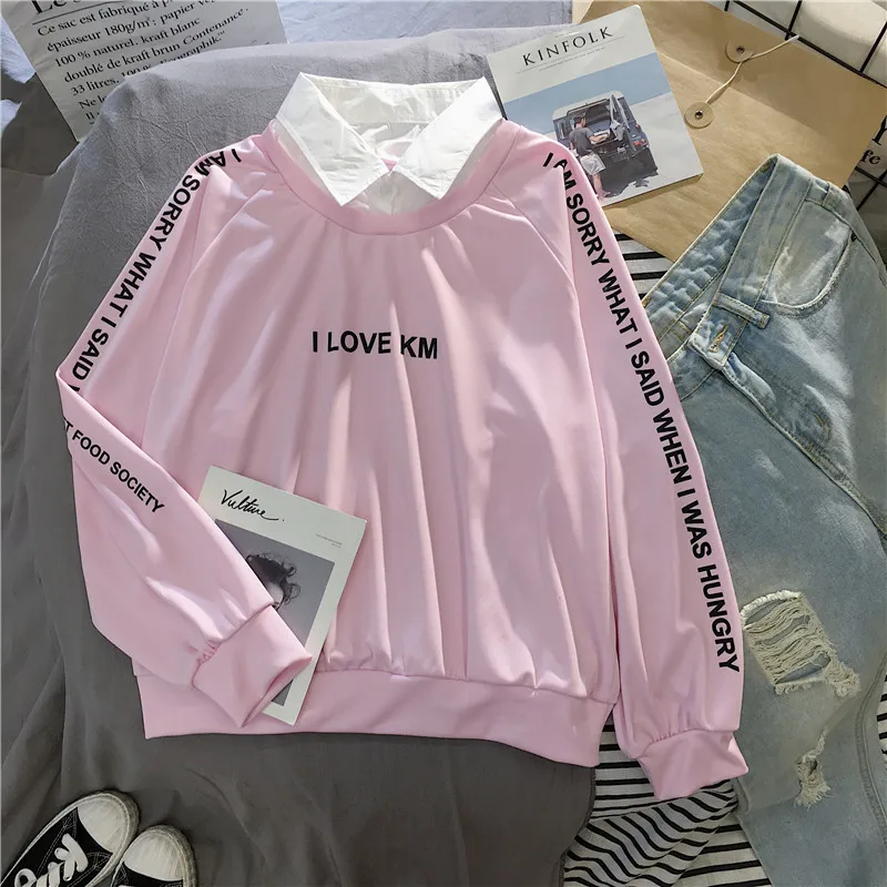 4 размера, M-XXL, тонкий пуловер для женщин, модный, пэчворк, воротник поло, толстовка, Kpop, с буквенным принтом, мода 90 s, топы, осень - Цвет: Pink