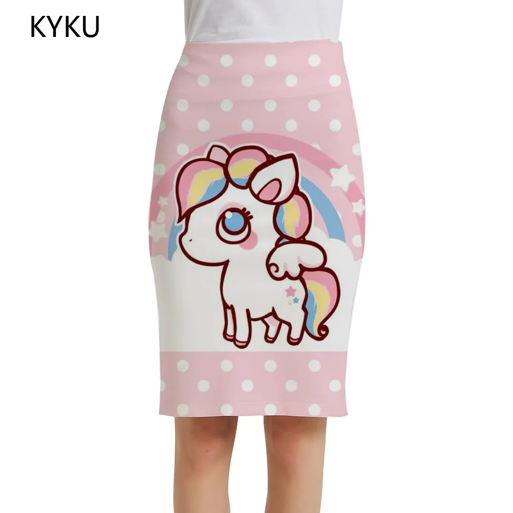 

Женская юбка с радужным принтом KYKU, разноцветная винтажная офисная юбка с принтом единорога, лето