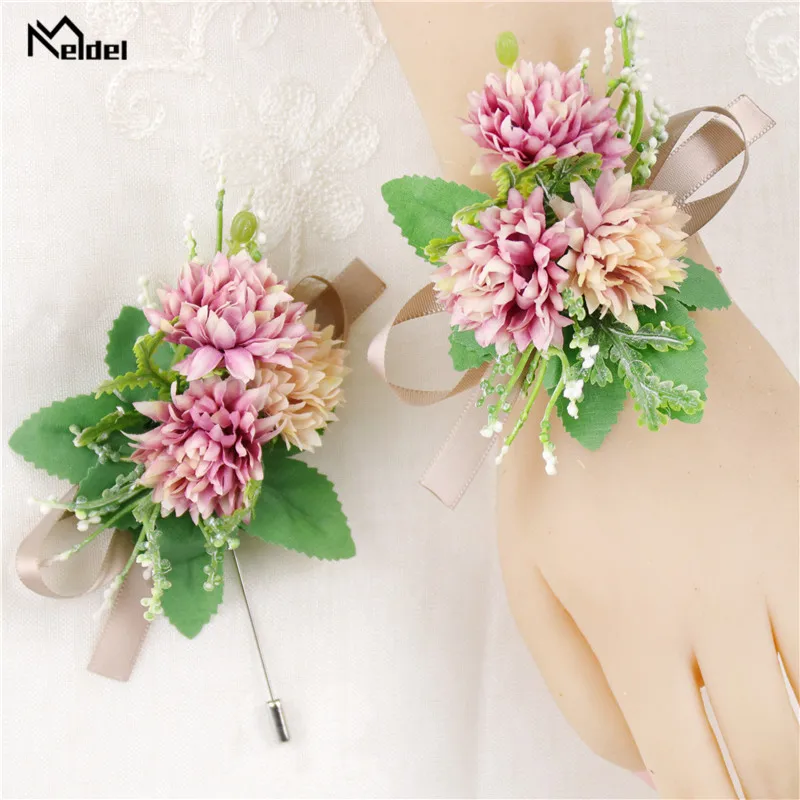 Искусственный Шелковый цветок Meldel бутоньерка для жениха браслеты подружек