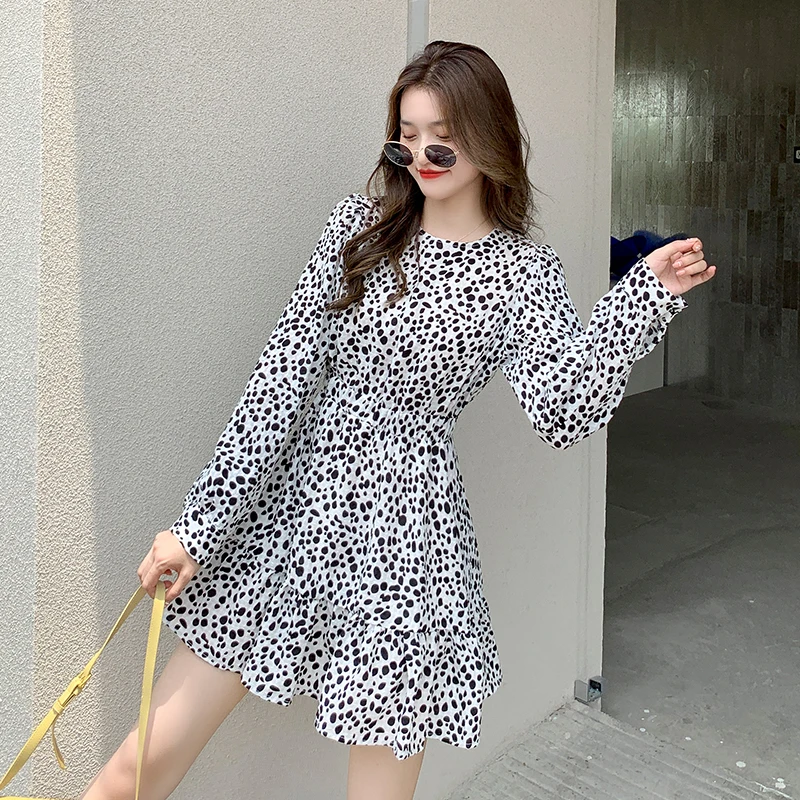 

Fashion Dress Autumn New 2021 Chiffon Polka Dot Long Sleeve Slim O-neck Casual Polka Dot Print vestido Midi Dress