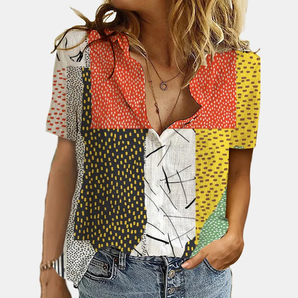 

Women Fashion Tops HarajukuPatchwork Button Shirt Short Sleeve Casual Loose Print Tee Cat Tops Summer Plus Size Goth