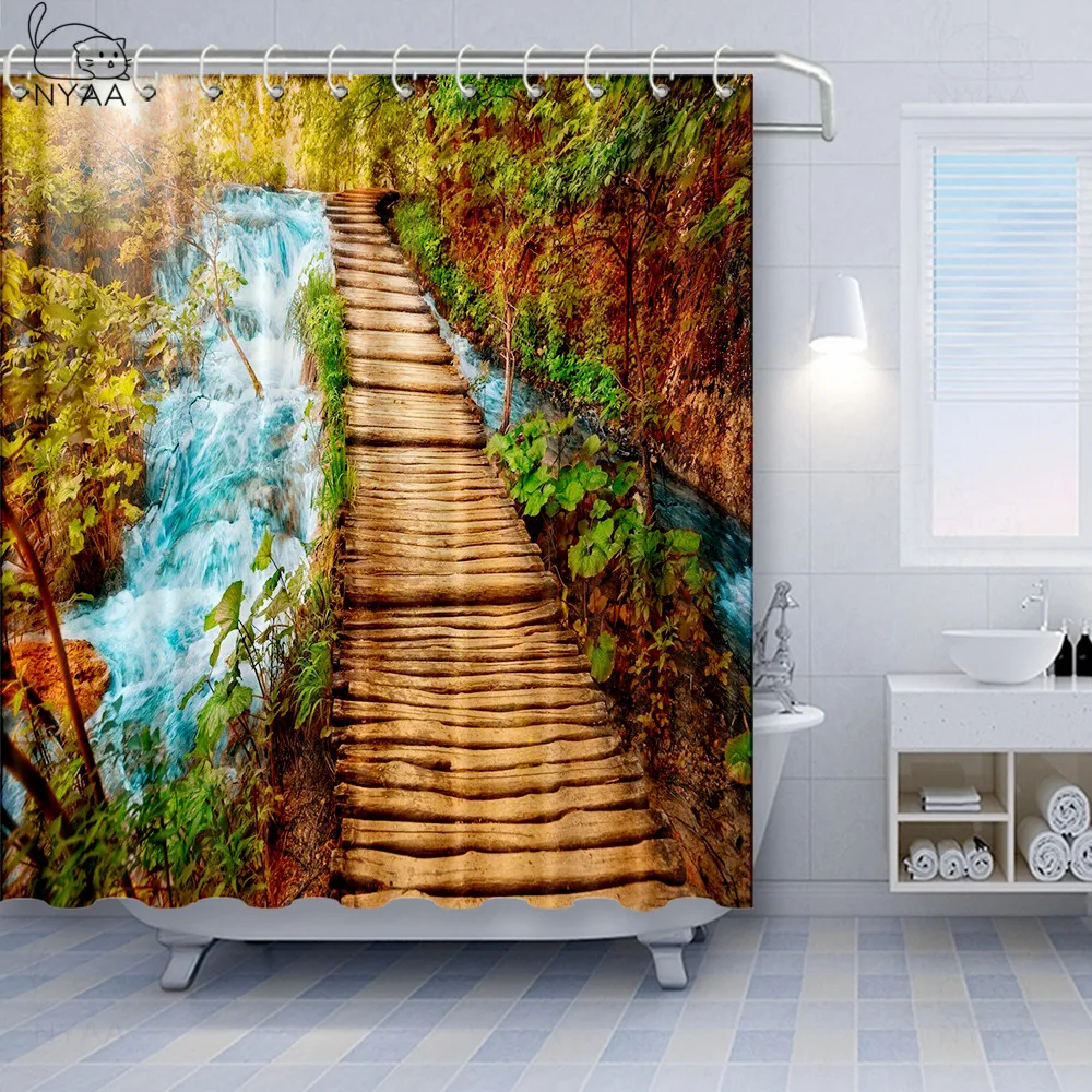 Vixm джунгли занавески для душа Глубокий Лес с деревянным Пирсом и рекой