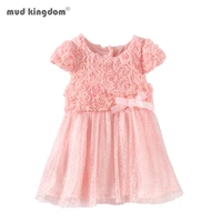 mudkingdom baby girls dress flower lace bow solid color short sleeve party princess dresses for kids clothes autumn spring
