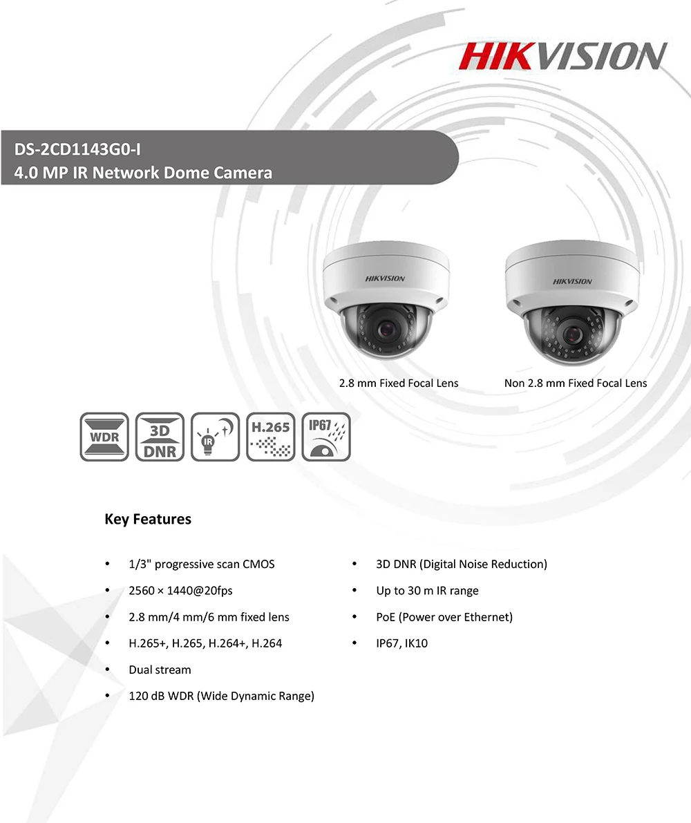 Hikvision DS-2CD1143G0-I POE камера видеонаблюдения 4MP IR Сетевая купольная камера 30 м IR IP67 IK10 H.265+ слот для sd-карты