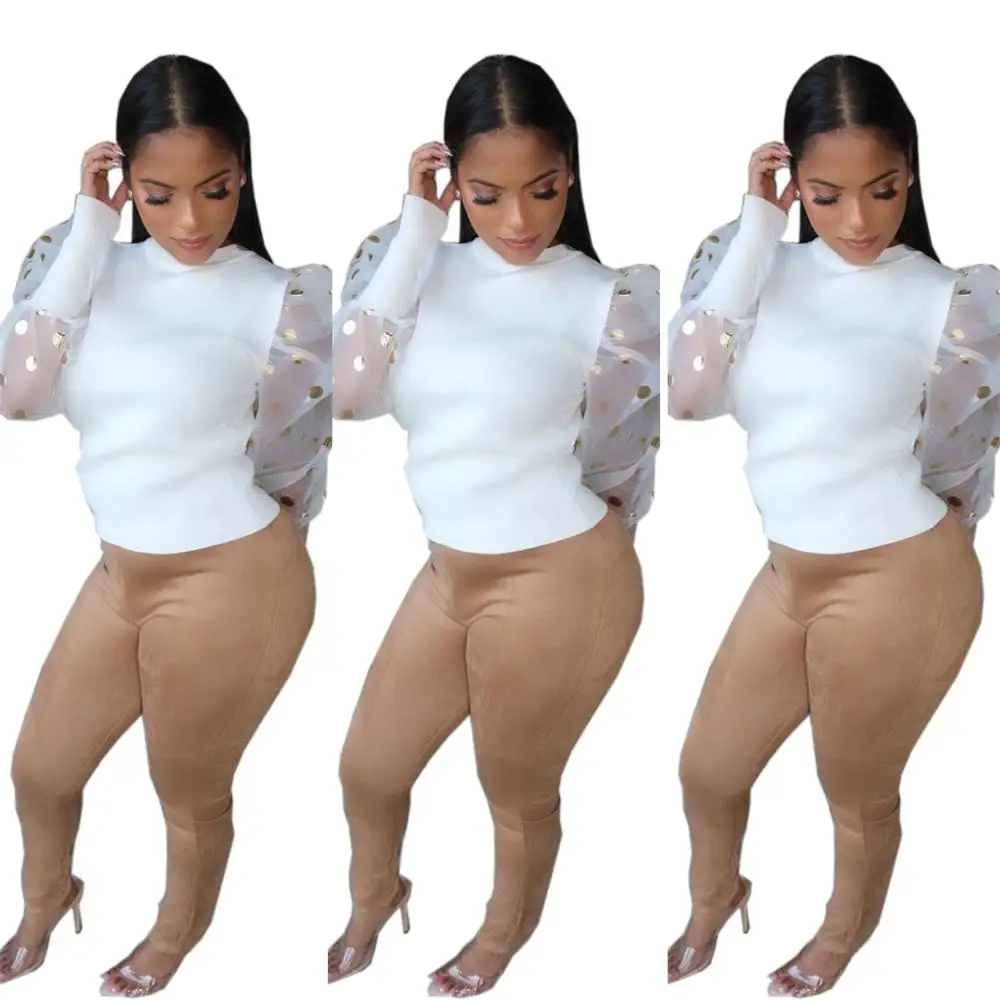 Модная стильная женская сетчатая белая футболка с блестками и рукавом-бабочкой