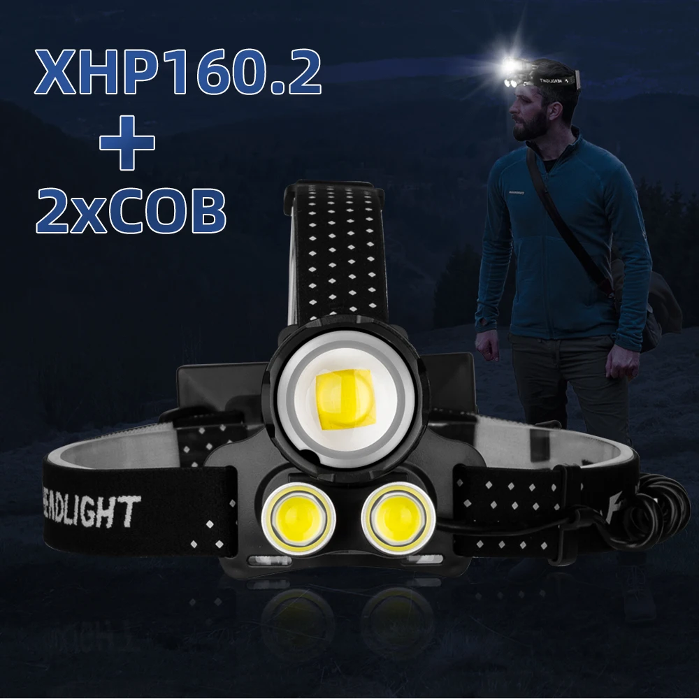 

Мощный XHP160.2 + 2 * COB светодиодный налобный фонарь, водонепроницаемый масштабируемый налобный фонарь, USB Перезаряжаемый налобный фонарь с бата...