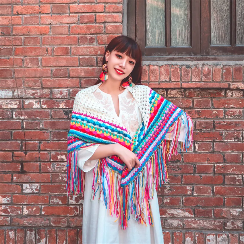 Boho Ethnic Style Handmade Crochet Scarf Shawl Tassel Women Colorful Rainbow Striped Knitted Pashmina Designer Poncho |