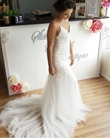 wedding dress mermaid spaghetti straps lace appliques beads button sleeveless backless floor length sweep train bridal gown 2021
