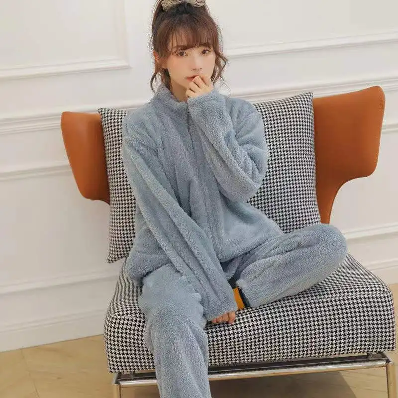 Winter Pajama Set Women Thicken Warm Flannel Lounge Suit Sleepwear 2 Piece /Set Long Sleeve Trousers Nightgown Pijama Homewear