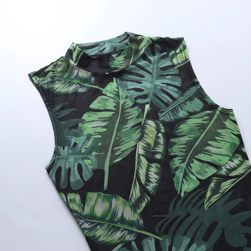 

ONEINALL Print Sexy Dress For Women O Neck Sleeveless High Waist Hit Color Slimming Bodycon Mid Dresses Female 2021 Summer Style