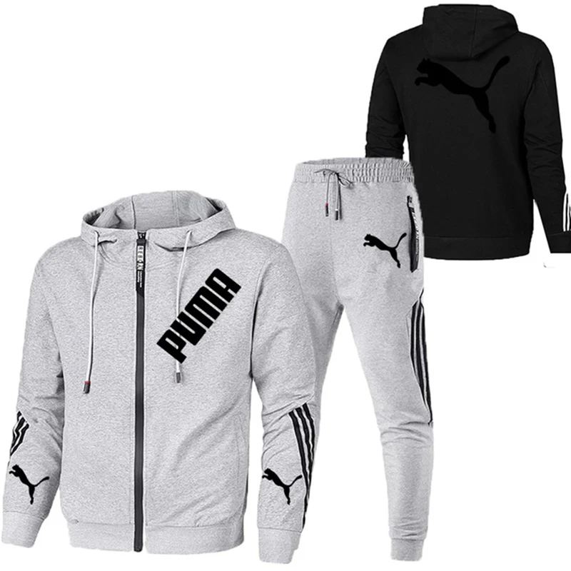 

Puma casual wear winter new brand splicing jogging sportswear zipper hoodie + pants 2PC set of men's sportswear sports suit