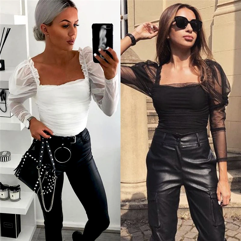 Осенняя винтажная рубашка с квадратным вырезом женская футболка длинными