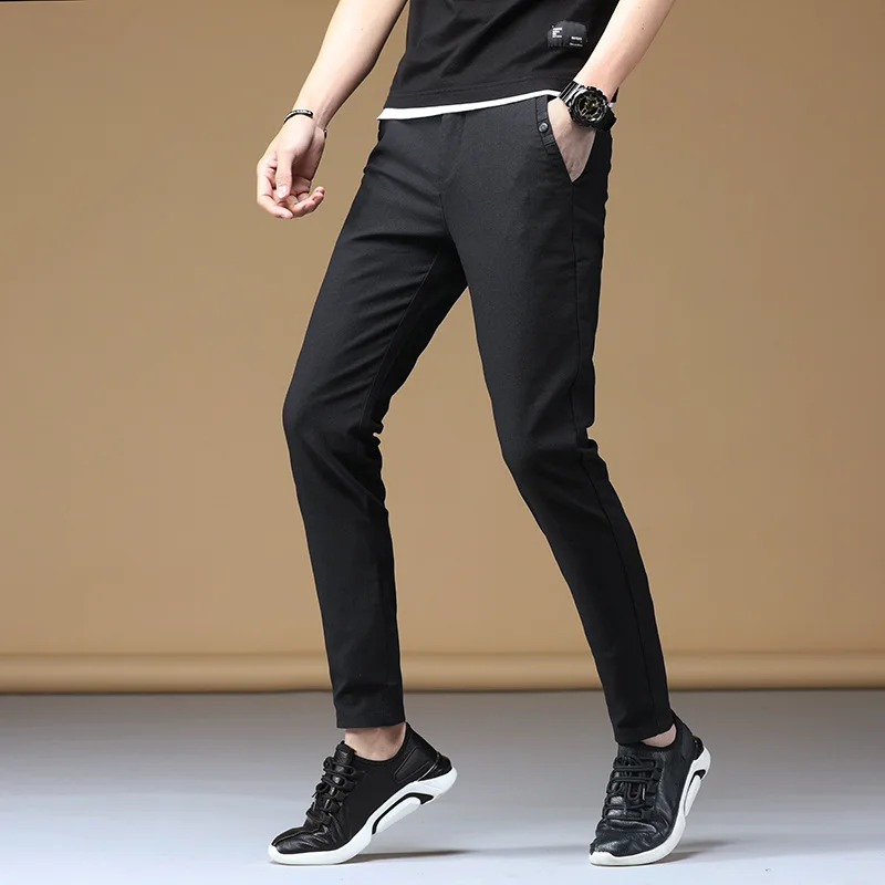 Летние обтягивающие повседневные эластичные брюки мужские облегающие черные