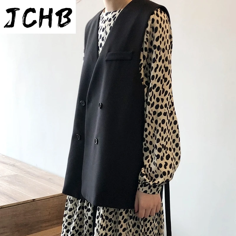 

JCHB Chic 2021 Autumn Blazer Vest Women Solid V Neck Office Waistcoat With Belt Casual Double Breasted Sleeveless Jacket Coat