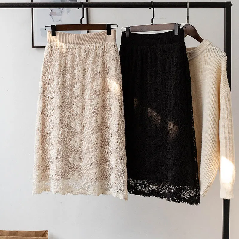 2019 High Waist Knitted Two Side Wear Women Winter Midi Lace Skirt Chic Autumn Thick Faldas Jupe Femme Saia | Женская одежда