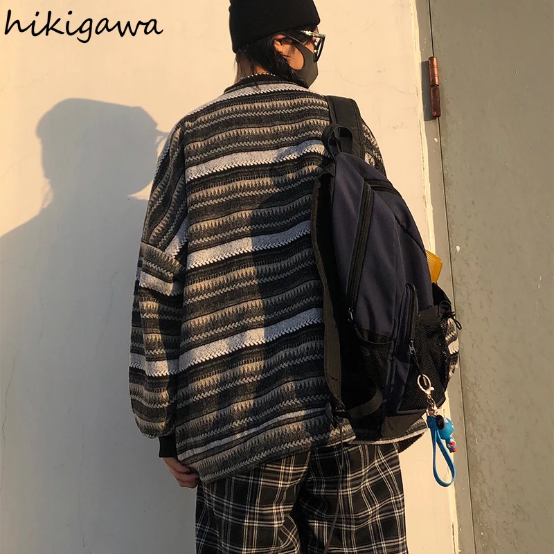 

Hikigawa Pullovers Women Chic BF Style Striped Knitted Sweater Hip Hop Female Japanese Loose Outer Tops Vintage Fashion Jumper