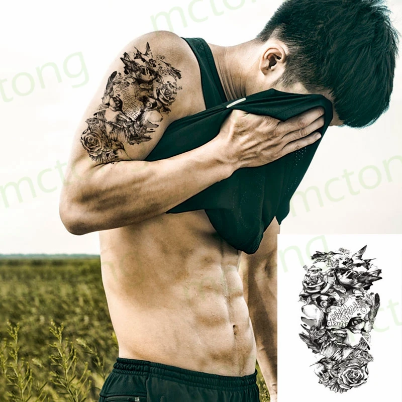 

Tattoo Stickers Waterproof Long-lasting Men and Women Tattoo Applique Arm Lotus Fish Color English Letter Tattoo
