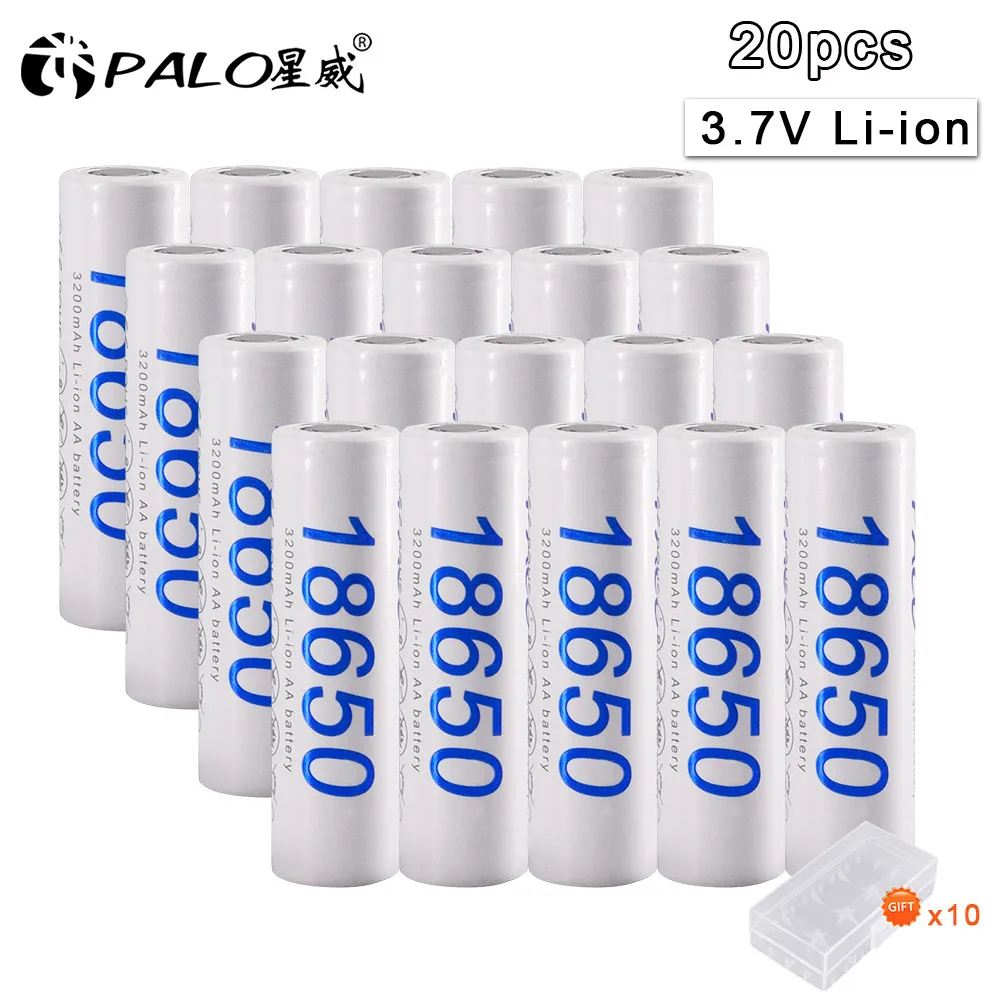 PALO 16-30 шт 18650 литий-ионный аккумулятор 3,7 V 3200mAh для аккумуляторов фонарика+ коробка для хранения - Цвет: 20pcs