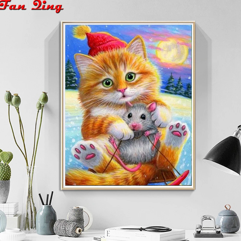 

5D DIY Diamond Painting Full square/round Diamond Embroidered Animal "Cat and Mouse" Painting Cross Stitch Mosaic Decoration