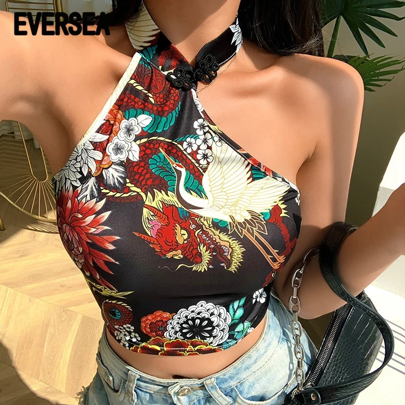 

Eversea Vest Chinese Pan Kou Style Women Milk-Like Dragon Element Silk Irregular Neck Sling Fashion Tank