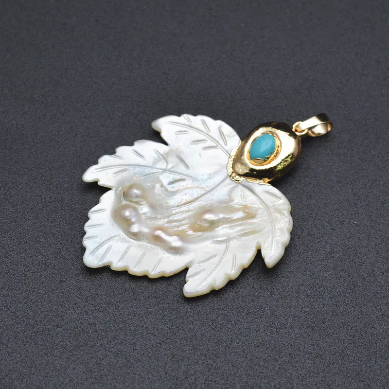 

Gold Plating Blue Howlite Cabochon Paved Natural Mother of Pearl MOP Shell Maple Leaf Pendant