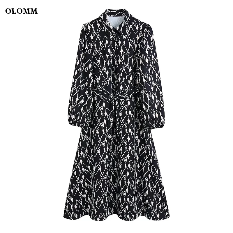 

Women's Jacket Dress Spring and Autumn Single-Breasted Belt Shirt Collar Skirt Printed Black and White Dress Women's Long Skirt