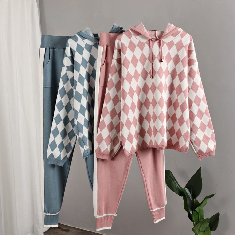 

Hoodies Sweater + Big Pocket Harem Pants Two Piece Women Tracksuits Knitted Carrot Pant 2 Piece Sets Argyle Cropped Hooded Women