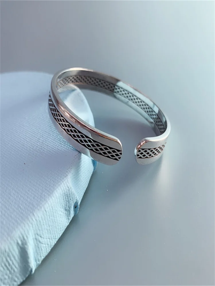 

Antique French Silver Retro Lovers Bracelet 999 Pure Silver Hand Woven Bracelet Women's Men's Mouth Adjustable Size Bracelet