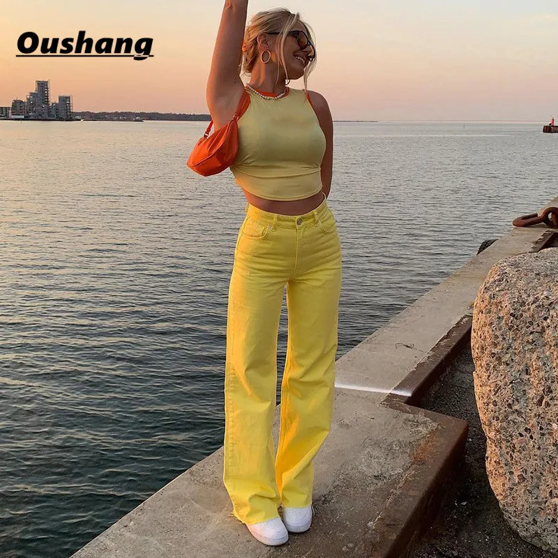 

High Waist Colored Jeans Women Y2K Outfits 2021 Vintage Straight Streetwear Fashion Summer Wide Leg Pants Fashion Denim Pants