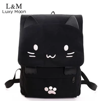 cute cat canvas backpack cartoon embroidery backpacks for teenage girls school bag fashio black printing rucksack mochilas xa69h