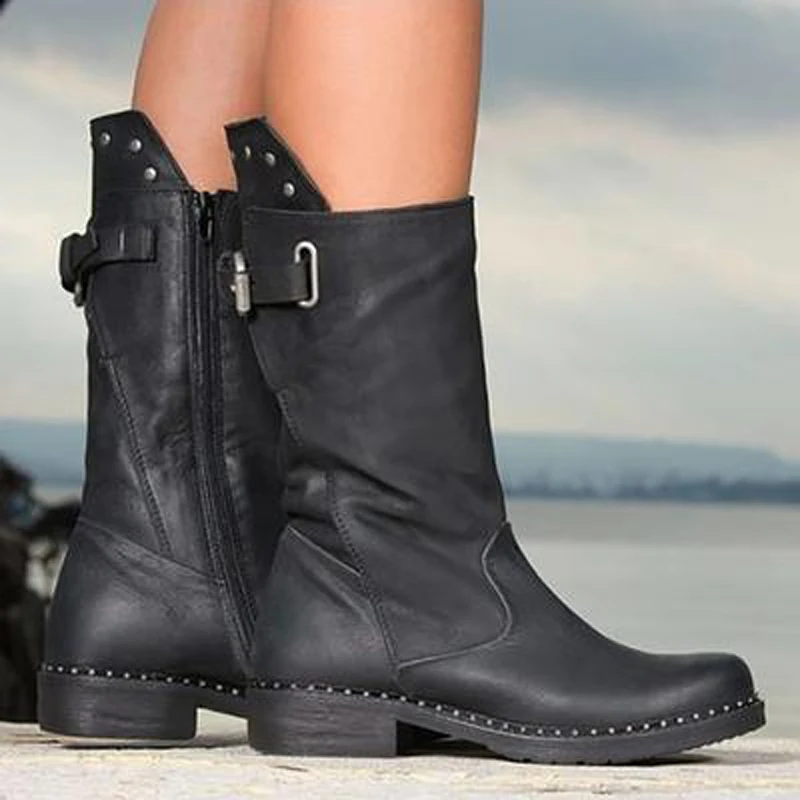 PUIMENTIUA/модные женские ботинки до середины икры; botas zapatos mujer; зимняя обувь из искусственной кожи; большие размеры 35-43