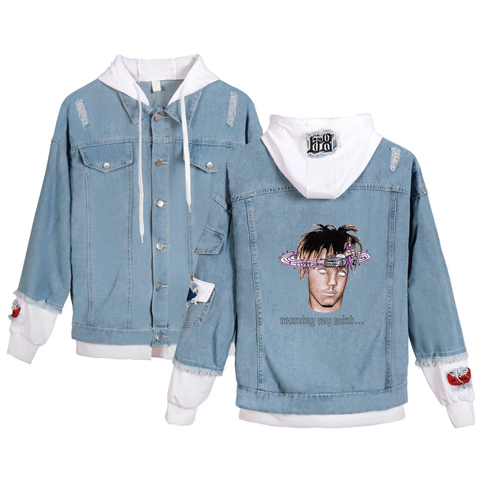 

Denim jacket RIP Juice Wrld fashion personality hooded jacket men and women denim street clothing hip hop Chaqueta