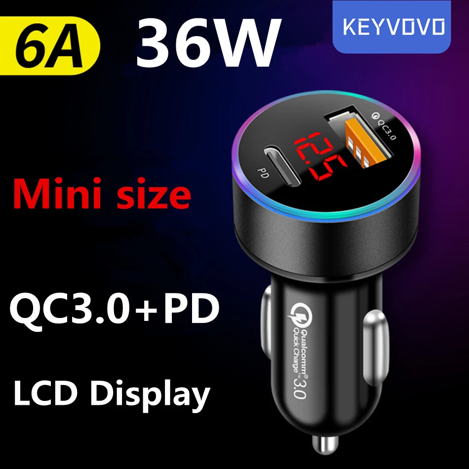 Автомобильное зарядное устройство для быстрой зарядки PD QC3.0 36 Вт светодиодный