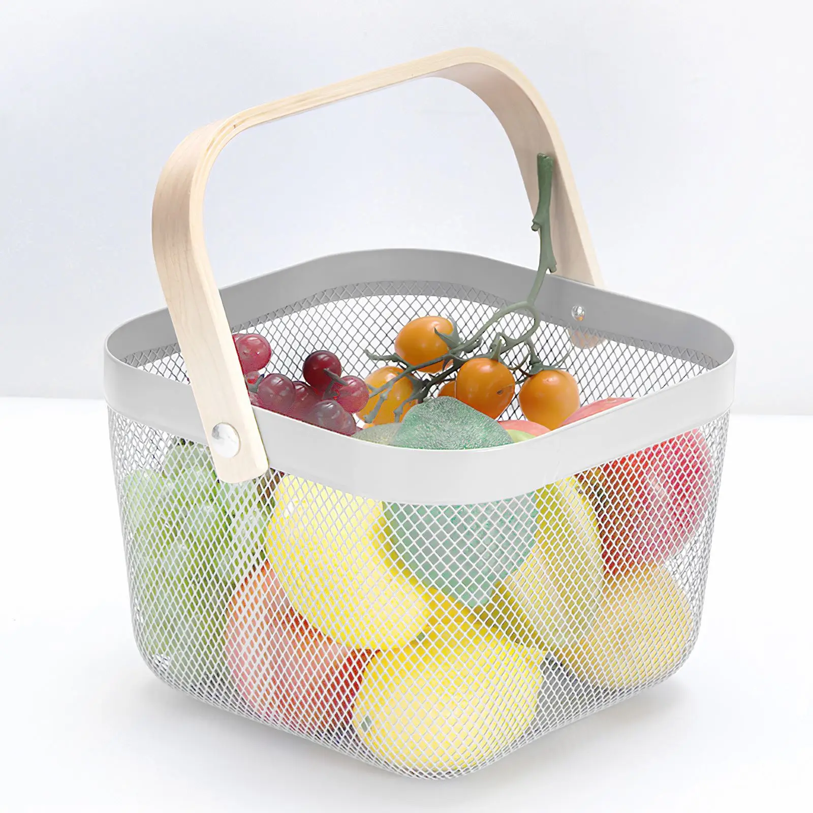 

Wire Snack Vegetable Storage Basket Metal Storage Basket Portable Fruit Basket With Wooden Handle For Picnic Home Decoration