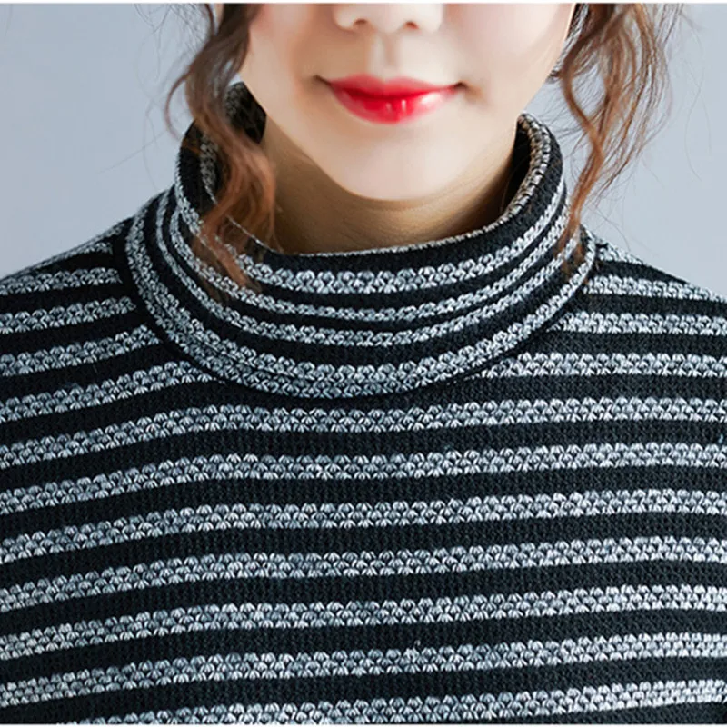 Новинка 2019 корейское Полосатое женское платье с высоким воротом Осеннее