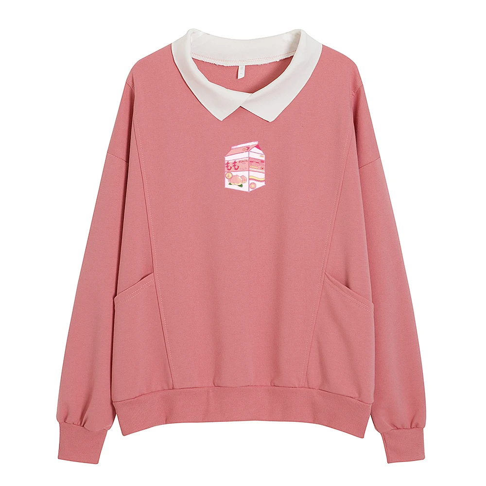 Womens Comfy Cute Sweatshirts Japanese Streetwear Clothes Woman Hoodies Kawaii Turn-down Collar Strawberry Printing Sweetshirts