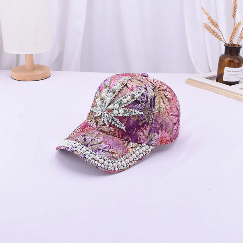 New Handmade Pearl Women Baseball Cap Spring Summer Ladies Elegant Leaf Diamond Sun Hat Fashion Luxury Travel Children Cap