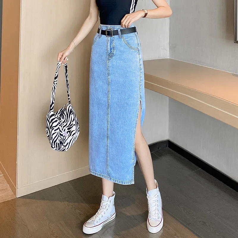 

GUUZYUVIZ Summer Light Blue Split Denim Skirt High Waist Jean Skirts For Ladies Casual Korean Maxi Pencil Jupe Femme
