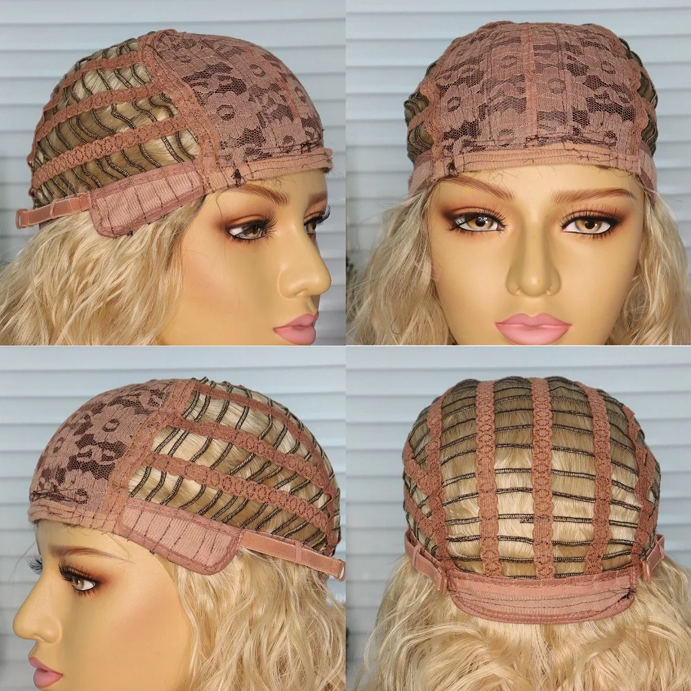 

Newness Short Wavy Wig With Bangs Synthetic Wigs For Women Ombre Blonde Hair Bob Wigs Heat Resistant Fiber