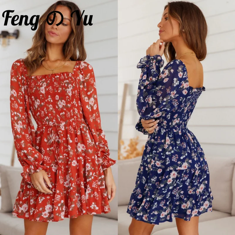 

Women Mini Dresses 2021 Autumn Fashion Long Sleeve Square Collar Elastic Waist Ruffle Print Pleated Sweet Style Hedging Dress