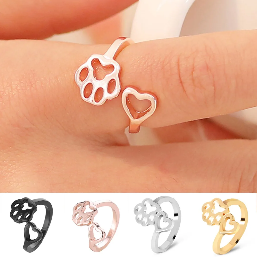 

Hollow Love Heart Rose Gold Rings For Women Girl Romantic Sweet Dog Pet Paw Print Resizeable Rings Animal Ring Korean Jewelry