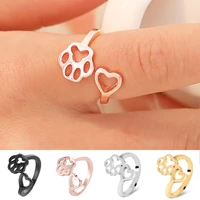 hollow love heart rose gold rings for women girl romantic sweet dog pet paw print resizeable rings animal ring korean jewelry