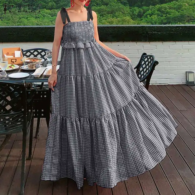 Стильное женское платье в клетку сарафан на бретелях-спагетти ZANZEA 2022