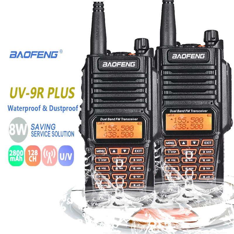2 шт. Новинка 100% оригинальная рация Baofeng UV 9R Plus IP67 водонепроницаемая 8 Вт UHF и VHF 128CH