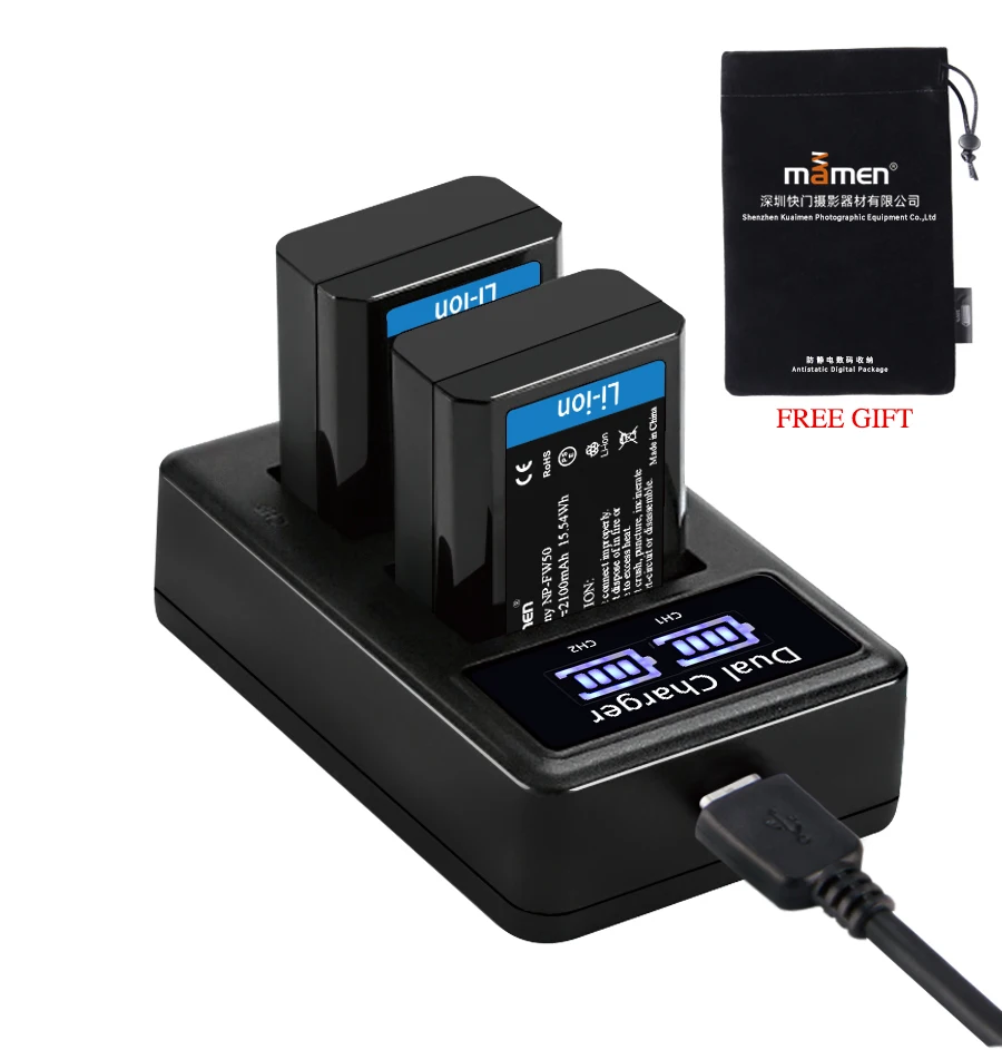 2 шт. 2100 мАч перезаряжаемый NP-FW50 NP FW50 npfw50 np fw50 np-fw50 батарея для цифровой камеры+ ЖК USB двойное зарядное устройство для sony NEX-3 a7R Alpha a6500 a6300 a6000 a5000 a3000 Аккумулятор камеры