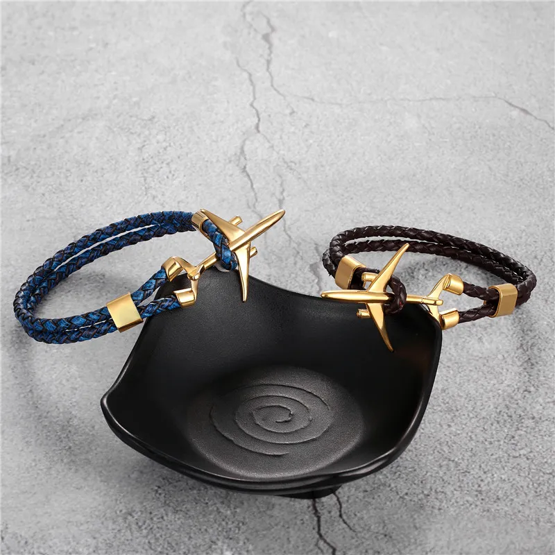 MKENDN Hot Sale Stainless Steel Airplane Anchor Bracelets Men Women Genuine Multilayer Leather Bracelet Freestyle Homme Jewelry