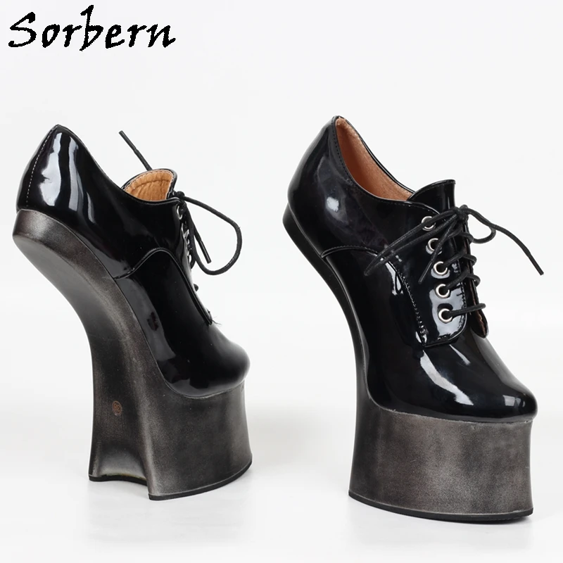 Sorbern Black Xdresser Pump Shoes Women Hoof Sole Heelless Lady Fetish Horse Heels Shoe Lace Up Pumps Custom Cololrs